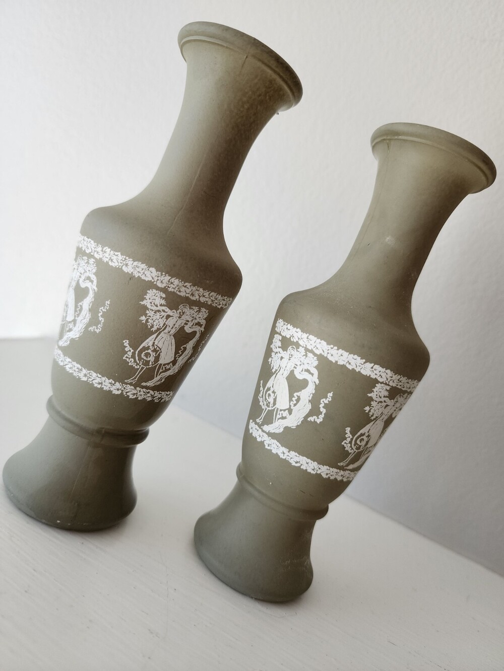 2 Mini Jugs In “The Manner Of Wedgewood” 6” Tall Green Home Decor